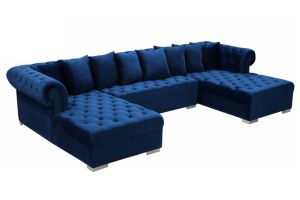 Ansonia Contemporary 3 Piece Velvet Sectional Sofa in Navy & Gold