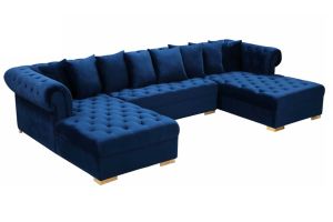 Ansonia Contemporary 3 Piece Velvet Sectional Sofa in Navy & Gold