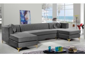 Graham Velvet 3 Piece Sectional Sofa in Grey & Gold