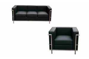 J&M Cour Italian Leather Living Room Set in Black