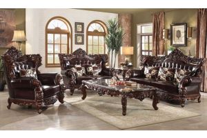 Trienke Leather Traditional Living Room Set in Espresso & Walnut